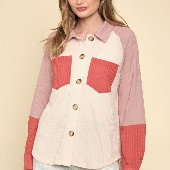 MYSTREE Colorblock Button Down Shirt , Waffle Knit Button Down Top, Pink Blush - Picture 3 of 8